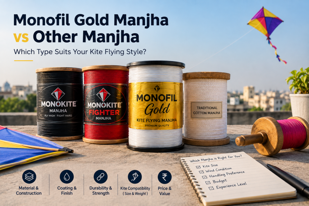 Monofil Gold Manjha vs other manjha comparison with Monokite, Monokite Fighter and traditional cotton manjha