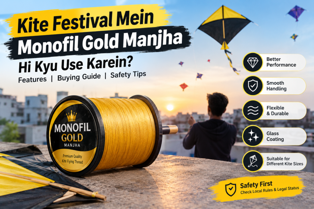 Kite festival mein Monofil Gold Manjha, golden kite thread spool, kite flying aur safety guide